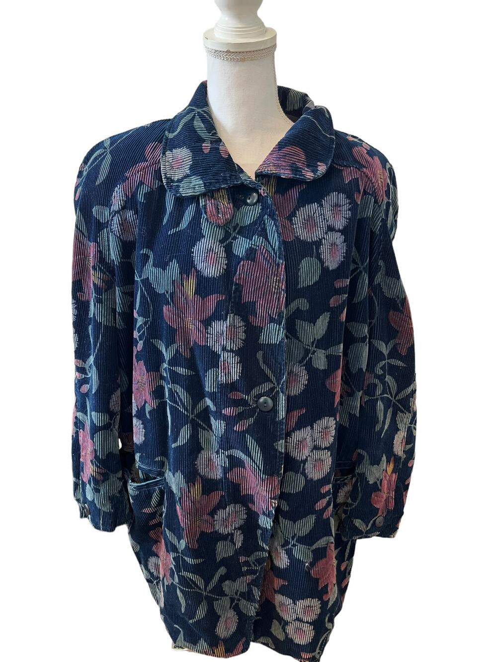 Vintage 80s Swinger Blue Floral Corduroy Jacket and Pants Coordinates Set